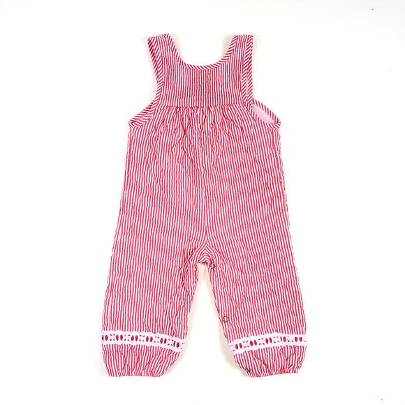 VINTAGE CANDY STRIPED QUILTED OVERALLS SIZE 12/18M - Picture 1 of 3
